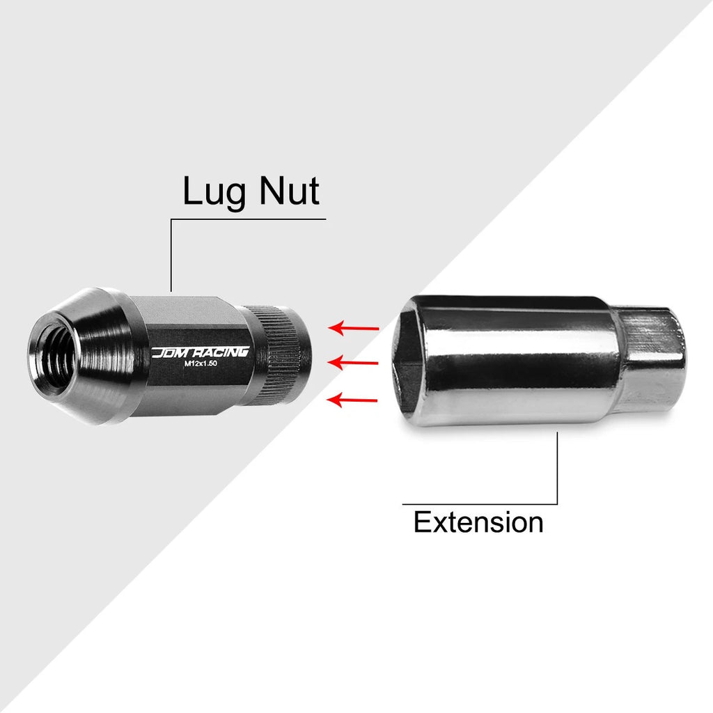 Set of 20 M12X1.5 Gunmetal JDM Open End Bulge Hex Wheel Lug Nuts + Extension 25mmx44mm