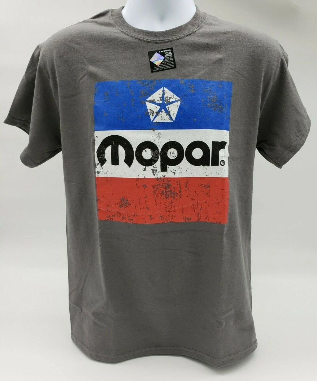 Gray T-Shirt Large Red White Blue 1972 Mopar Emblem Logo Front