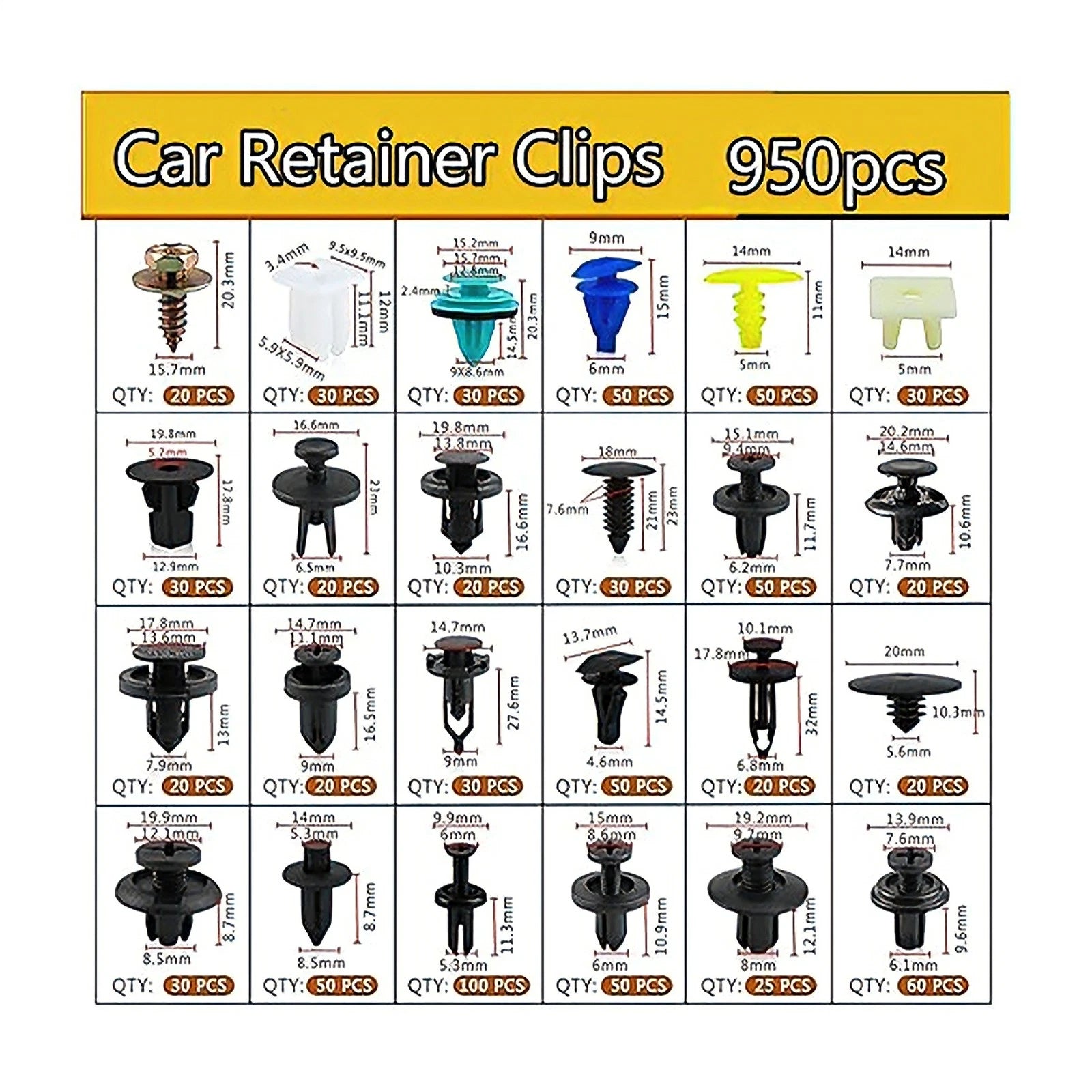 Set of 955 Push Pins for Universal Automotive Applications