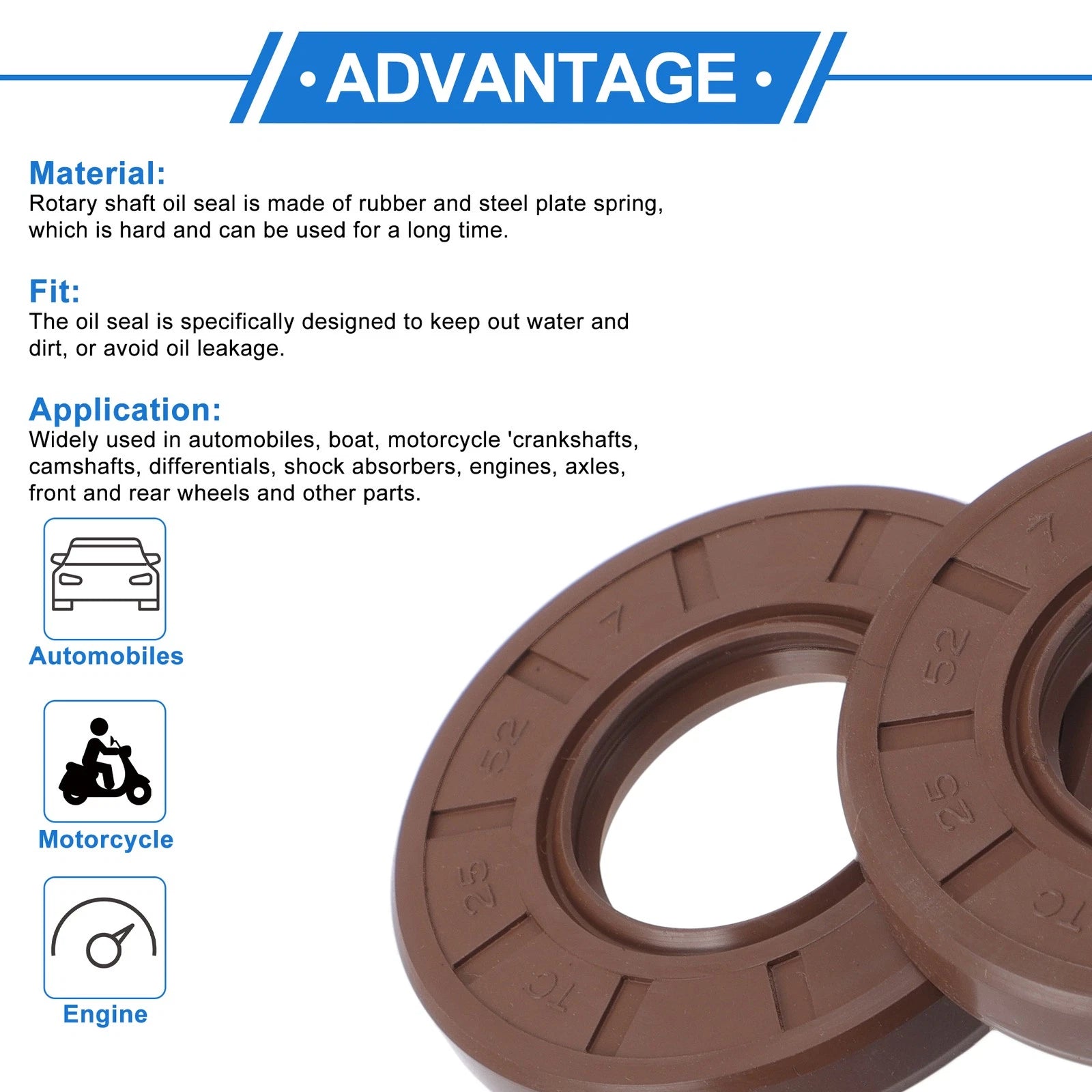 Set of 2 Oil Seal Rotary Shaft Seal FKM Rubber 25x52x7mm