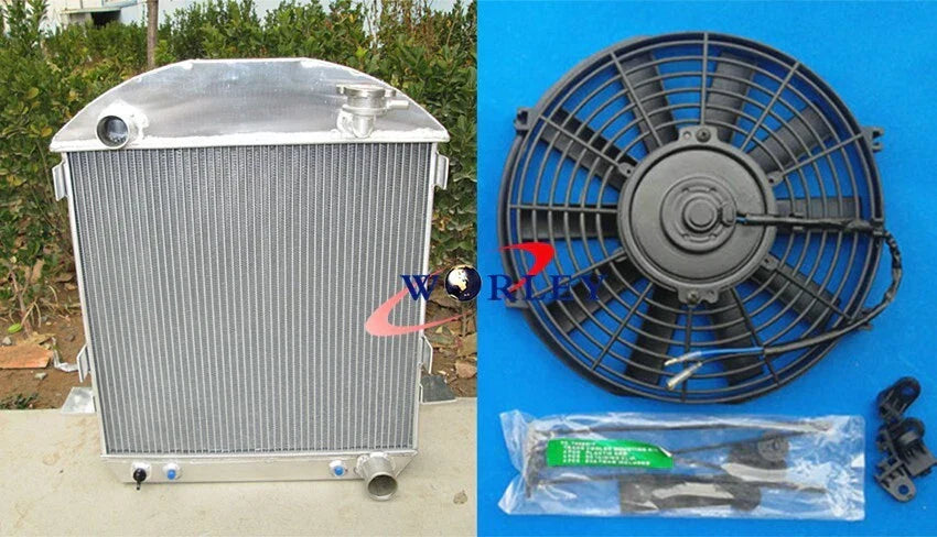 3 Row Aluminum Radiator + Fan for Ford Model T Chev Bucket Grill Shells (1924-1927)