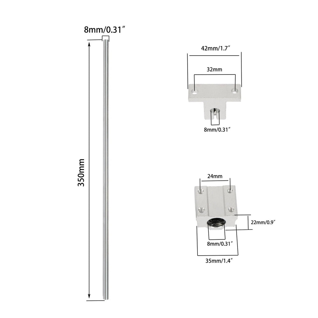 Set of 2 Linear Motion Rail Shafts with Bearings and Rail Support