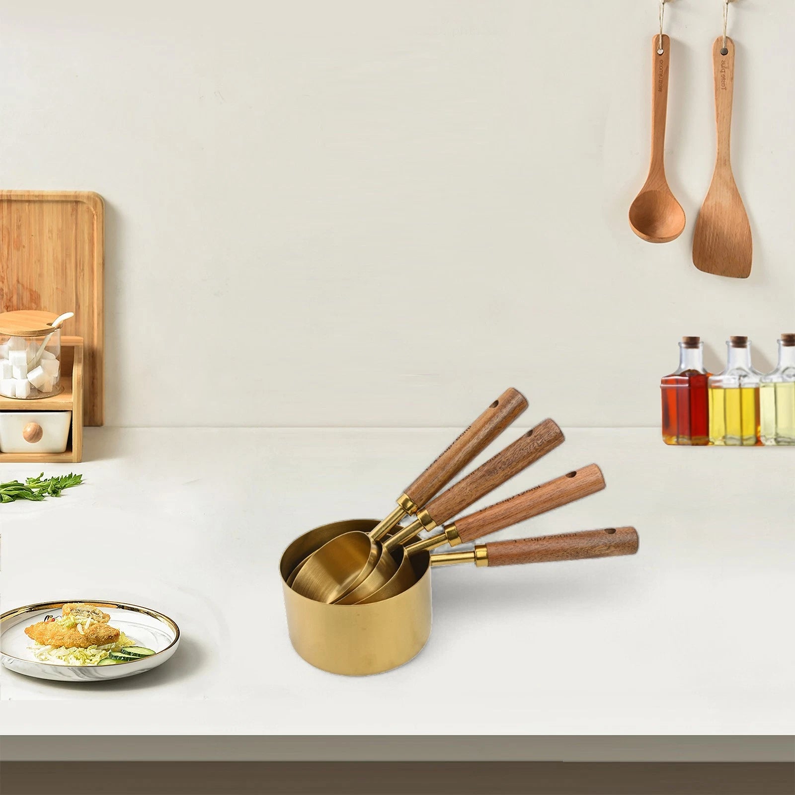 Set of 4 Stainless Steel Measuring Spoons with Wood Handle