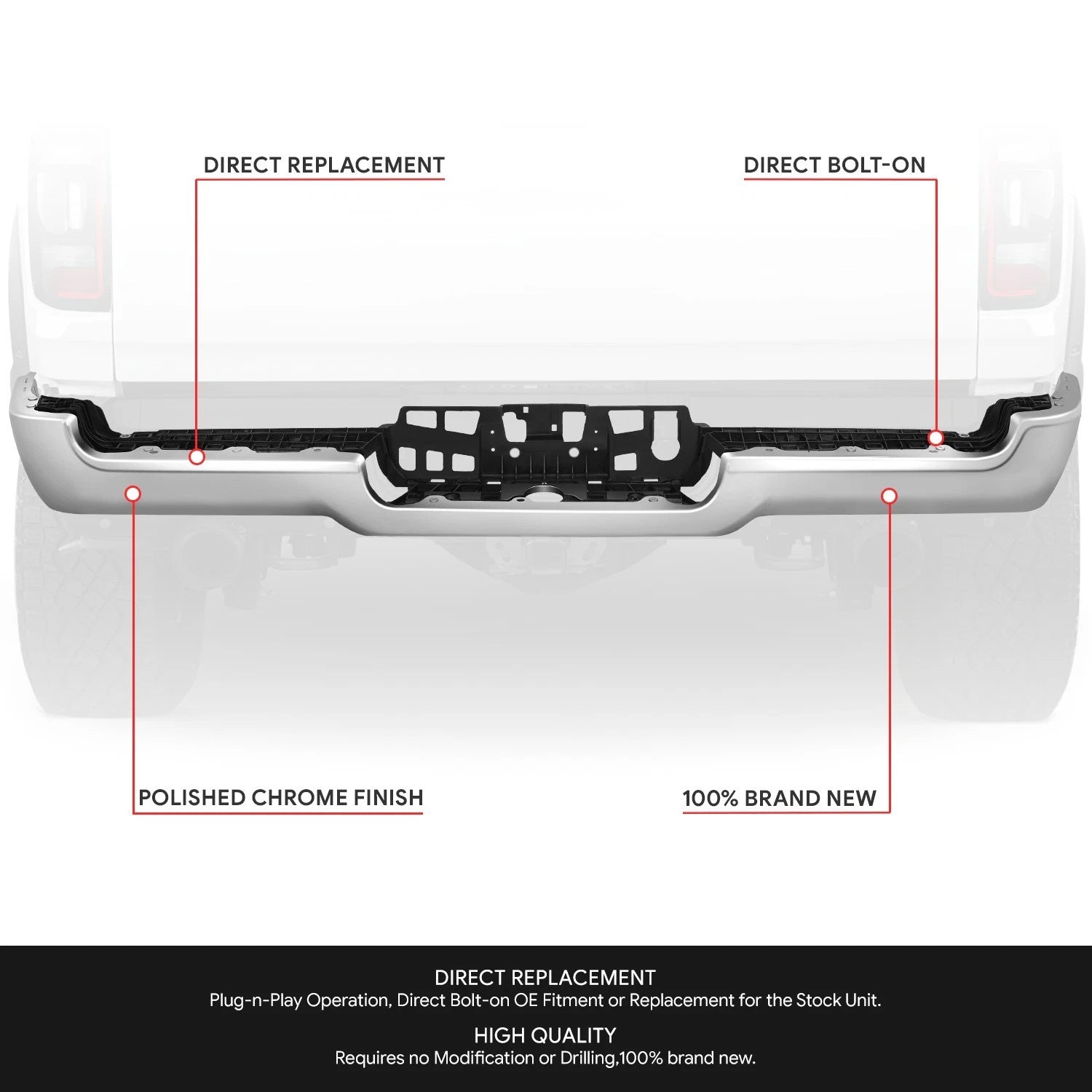 Polished Metal Rear Bumper Face Bar for Ram 1500 (2019–2024) Chrome
