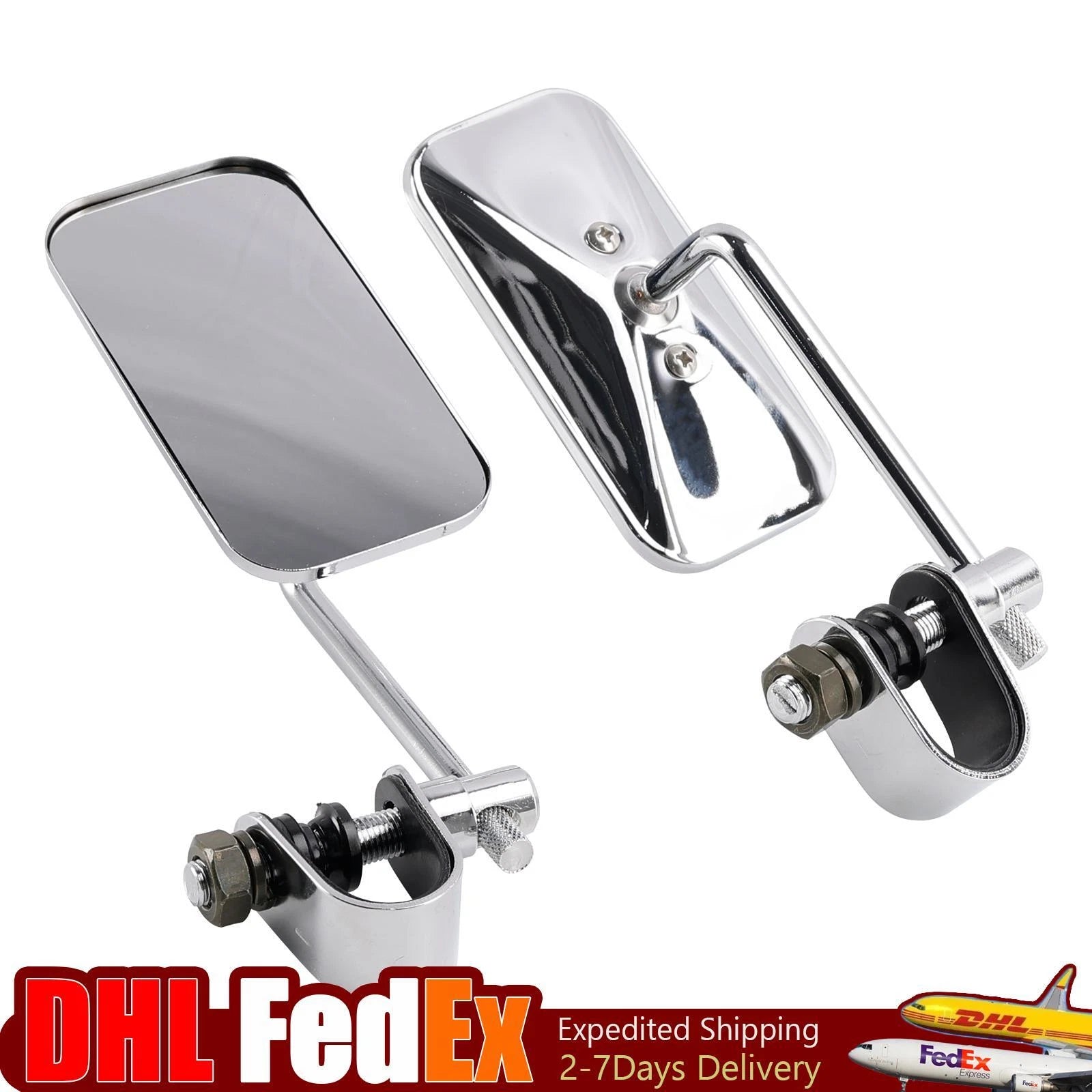 Set of 2 Chrome Rectangular Clamp-On Motorcycle Mirrors for Old School Style