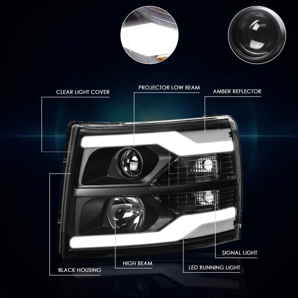 LED DRL Chrome Housing Headlight Set for GMC Sierra (2007–2014)