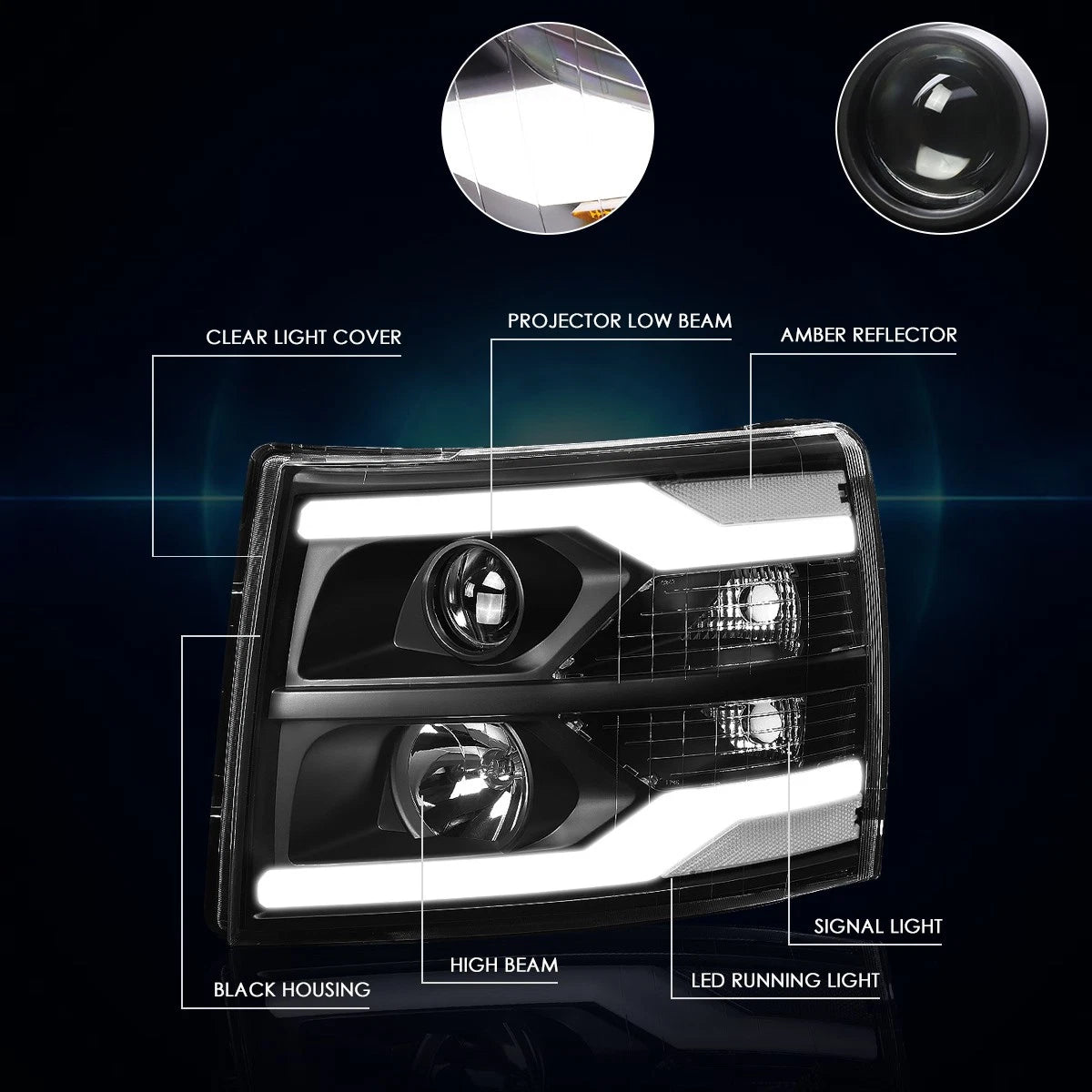 LED DRL Chrome Housing Headlight Set for GMC Sierra (2007–2014)