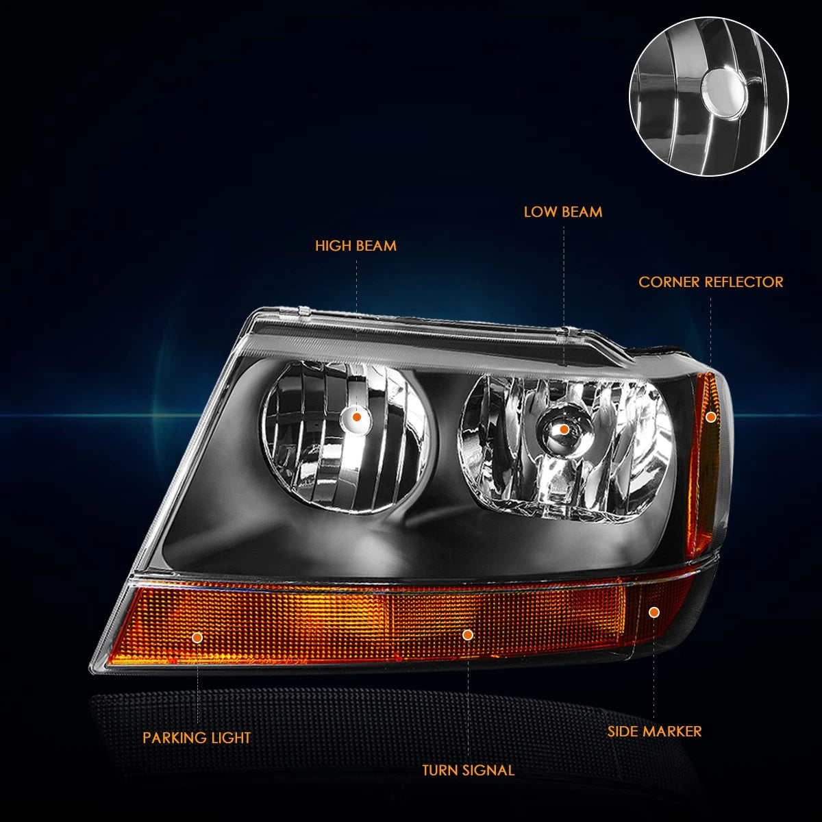Headlight Black Housing Amber Side Corner Lamp for Jeep Grand Cherokee WJ (1999–2004)