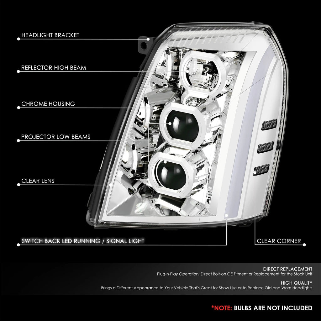 Projector Switchback Headlights for Cadillac Escalade ESV EXT (2007–2014) Chrome/Clear