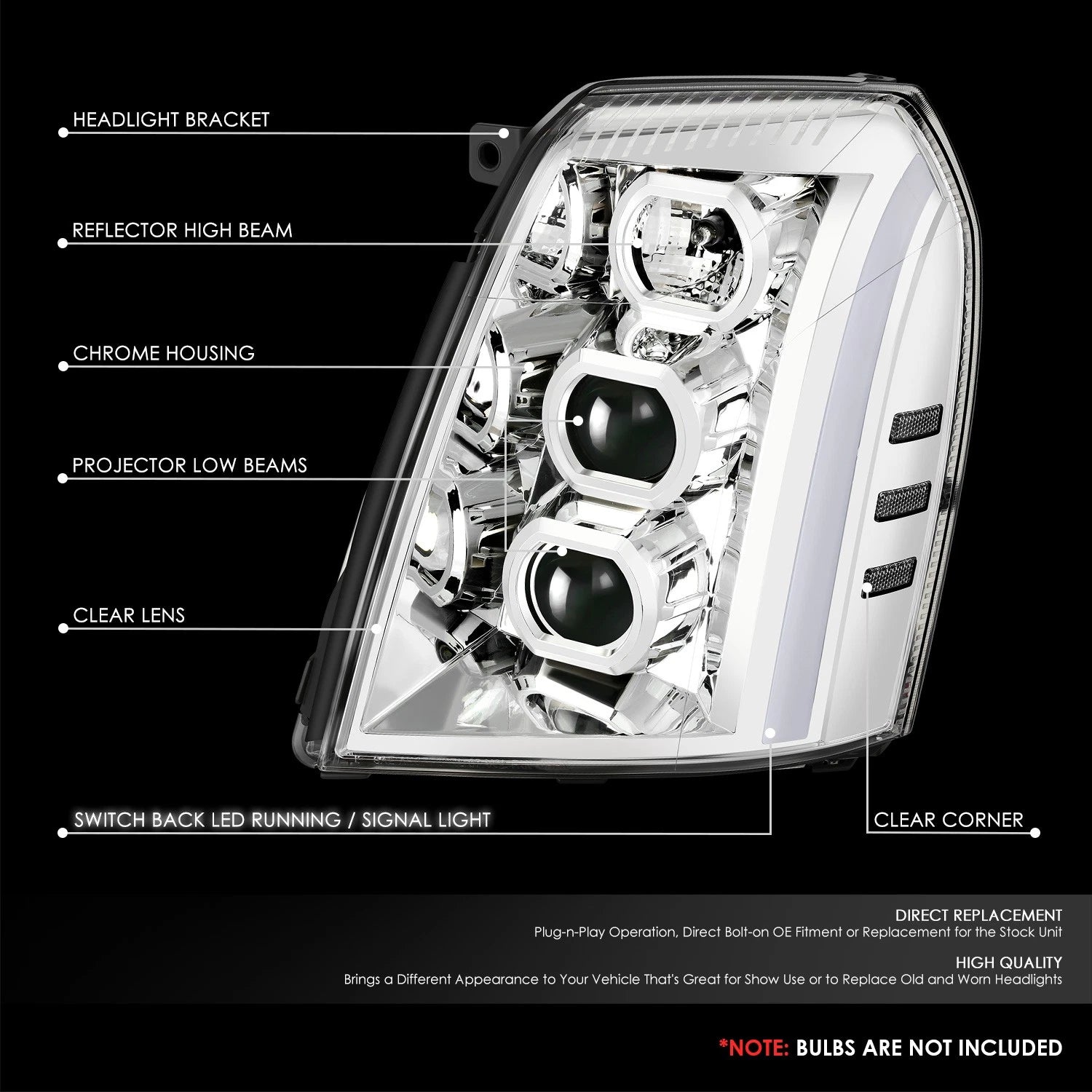 Projector Switchback Headlights for Cadillac Escalade ESV EXT (2007–2014) Chrome/Clear