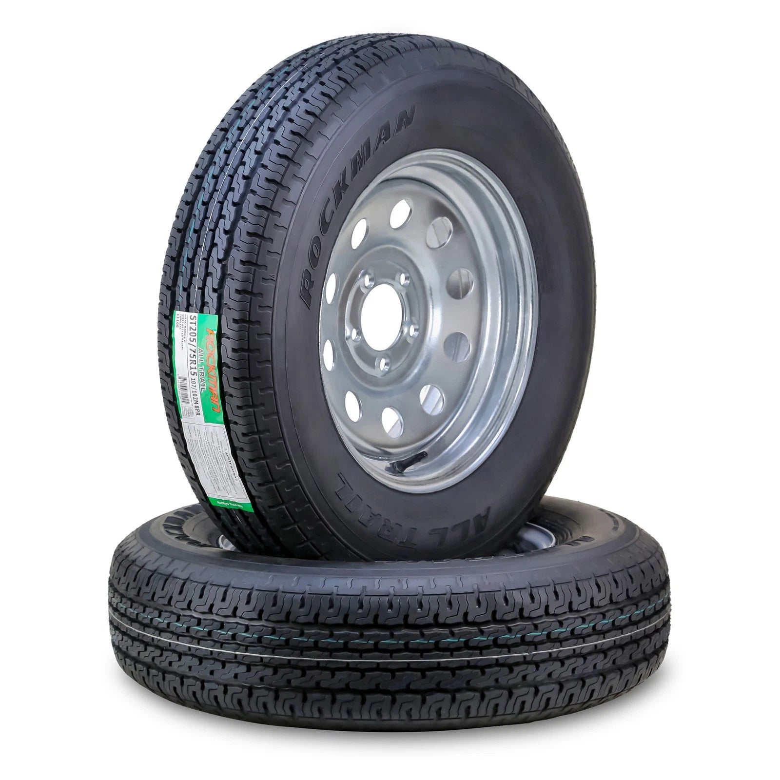 2X ROCKMAN ST205/75D15 Trailer Tire & Wheel 8-Ply 5x4.5" Galvanized Mod