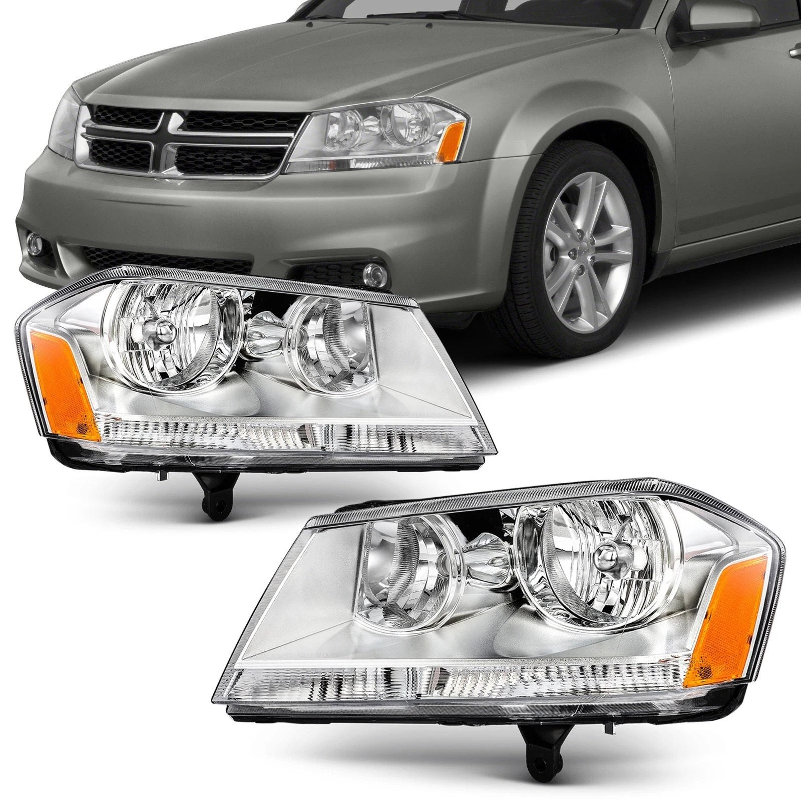 2X Headlight Assembly for Dodge Avenger (2008–2014) Chrome Amber