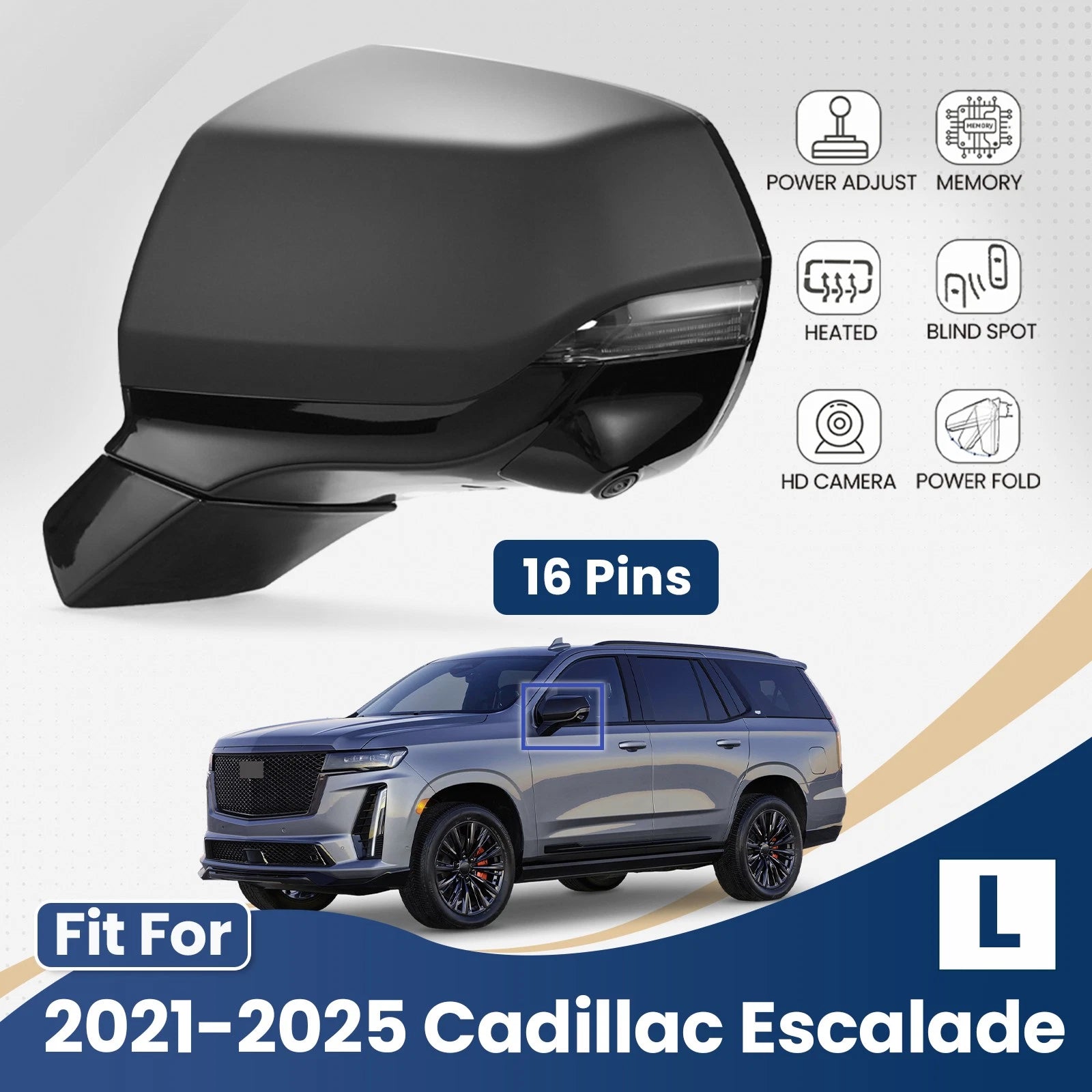 Side Mirror for Cadillac Escalade Yukon Suburban (2021–2024) Left 16 Pin