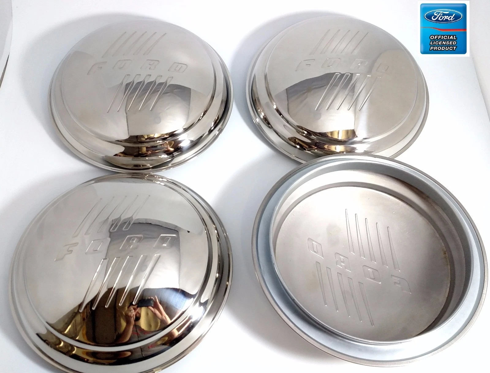 Stainless Hubcaps Set of 4 with Ford Logo Script for 1946 Ford Passenger Car (1946–1946)