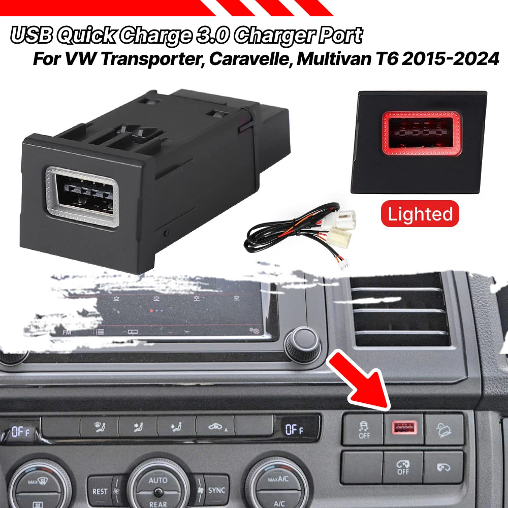 USB-A QC3.0 Fast Charger Upgrade Kit for VW Caravelle Transporter Multivan (2015–2024)