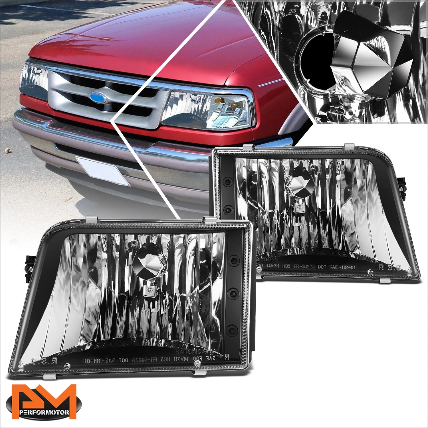 Headlight Lamps Replacement Pair for Ford Ranger (1993–1997) Black Housing Clear Lens