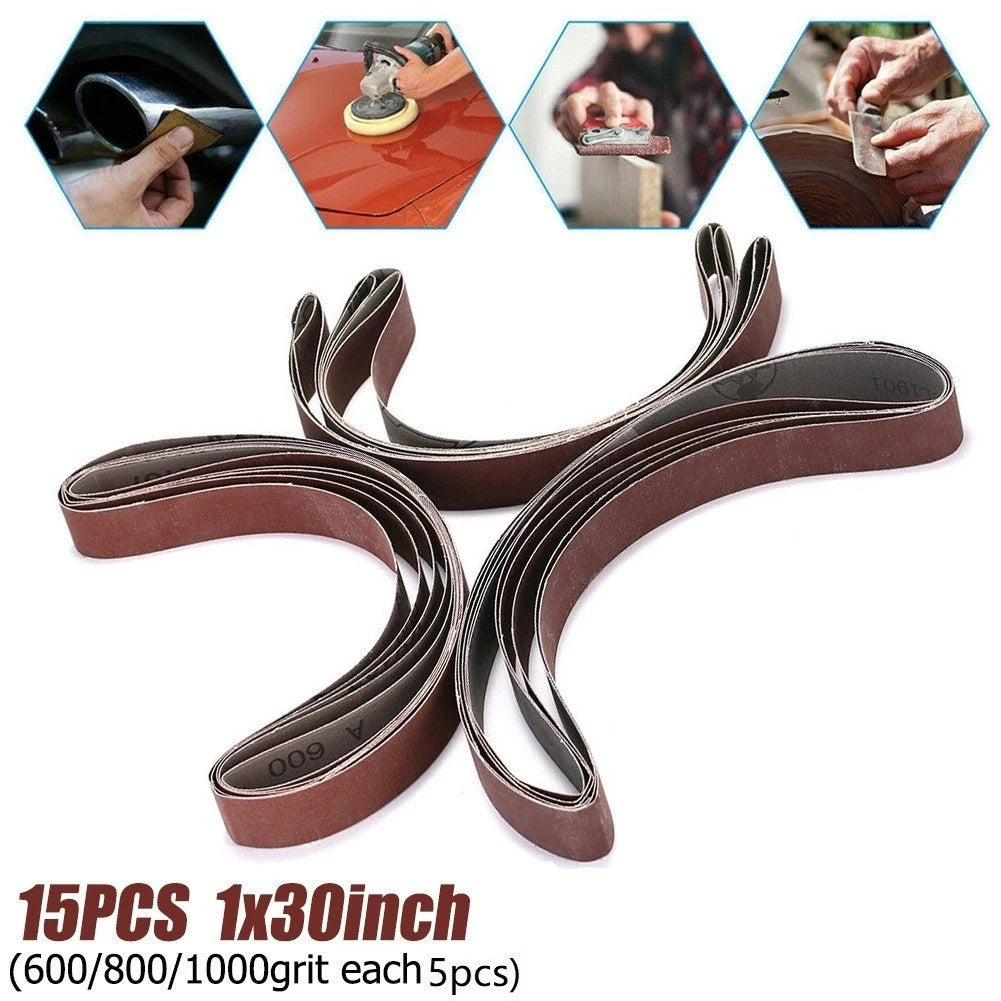 15 Pcs 30" Aluminum Oxide Polishing Sander Belt Kit 600 800 1000 Grit