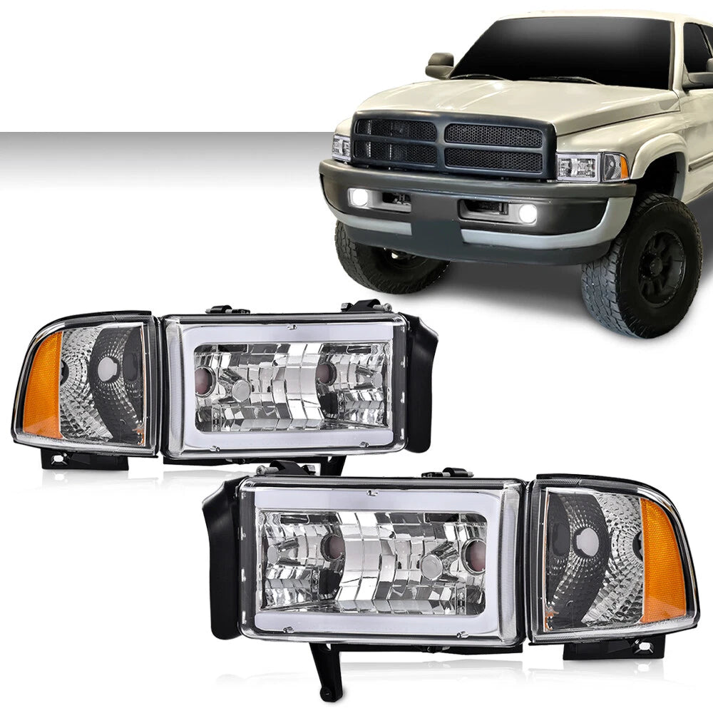 Chrome LED Tube Headlights for Dodge Ram 1500 2500 3500 (1994–2002)