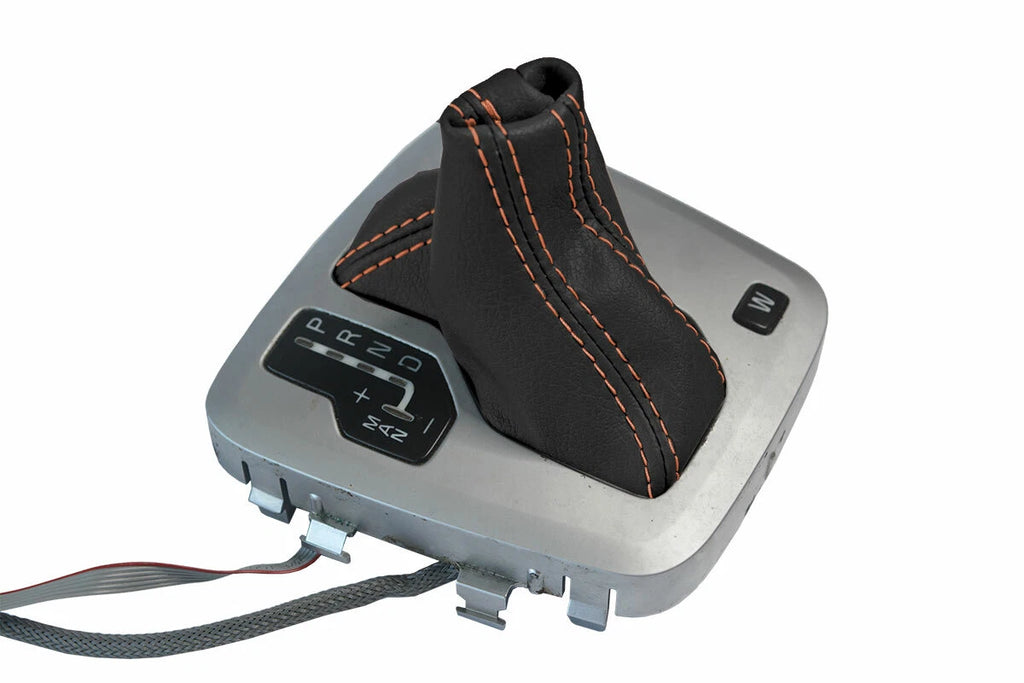 Leather Automatic Shift Boot Cover for Volvo XC90 (2003–2014) Black Orange Stitch