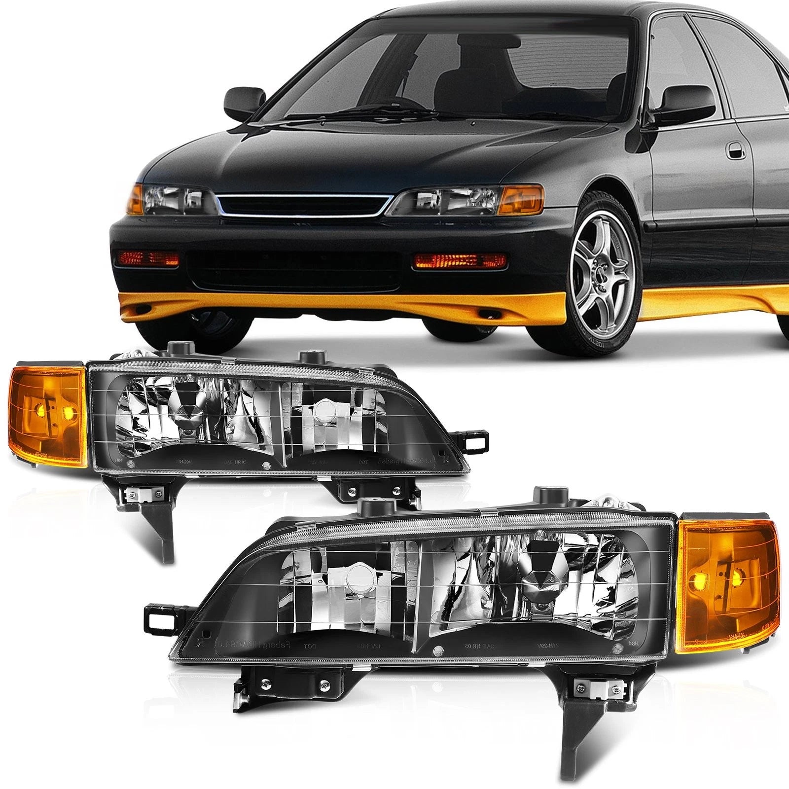 2X Headlight Assembly for Honda Accord (1994–1997) - Black Amber