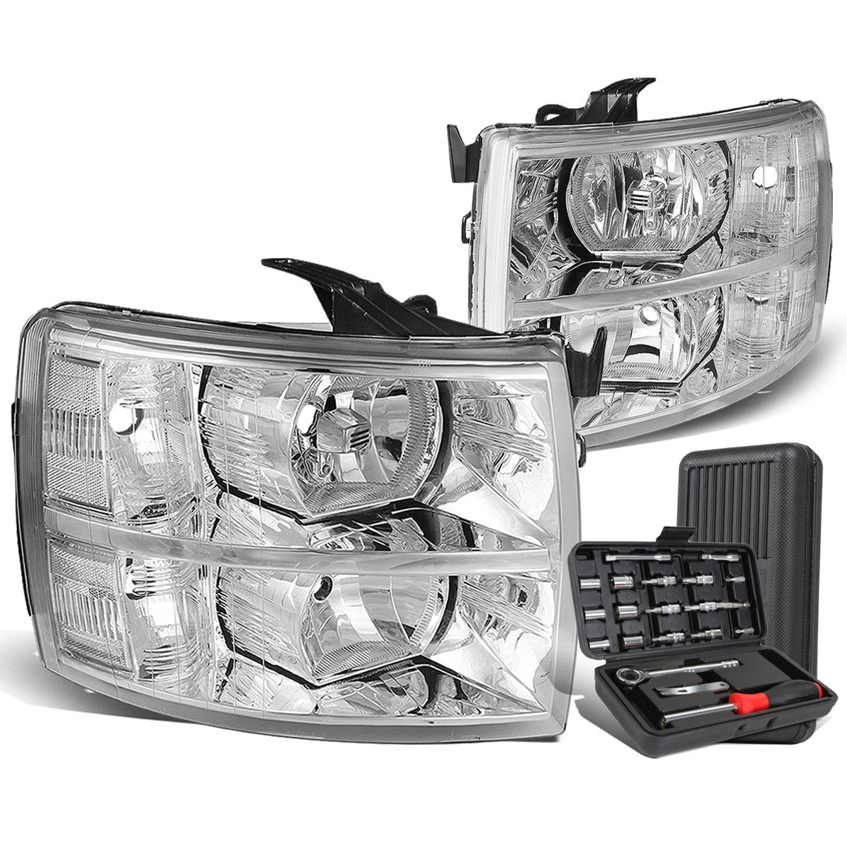 Pair of Chrome/Clear Signal Headlight Lamps for Chevy Silverado (2007–2014)