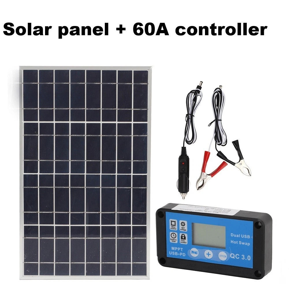 Complete Solar Panel 12V 24V with 60A Controller and Battery Clip