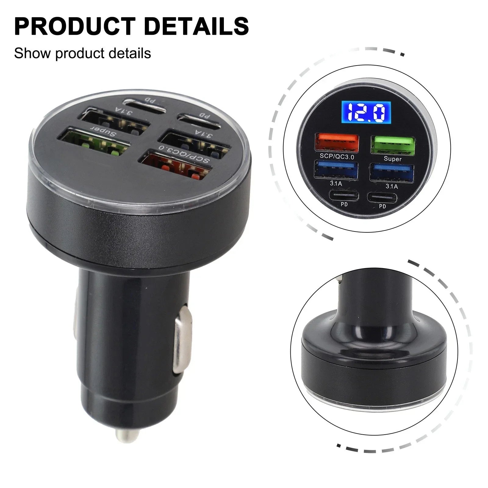 6-Port Car Charger with LED Display and USB Outputs for Vehicles