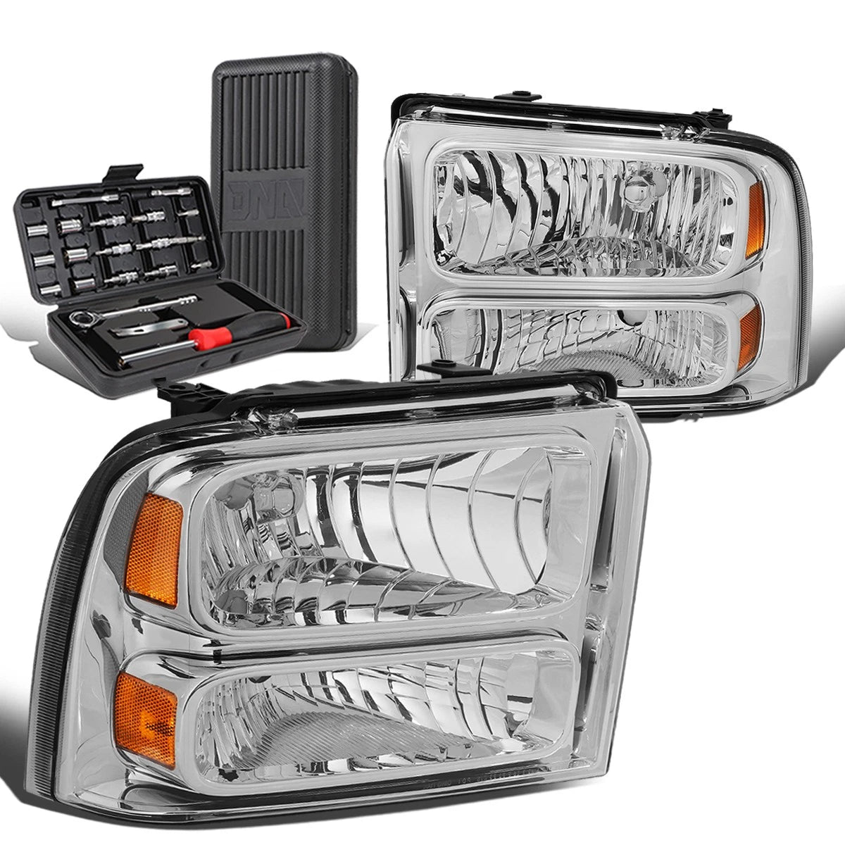 Pair of Chrome/Amber Corner Headlight Lamps for Ford Super Duty (2005–2007)