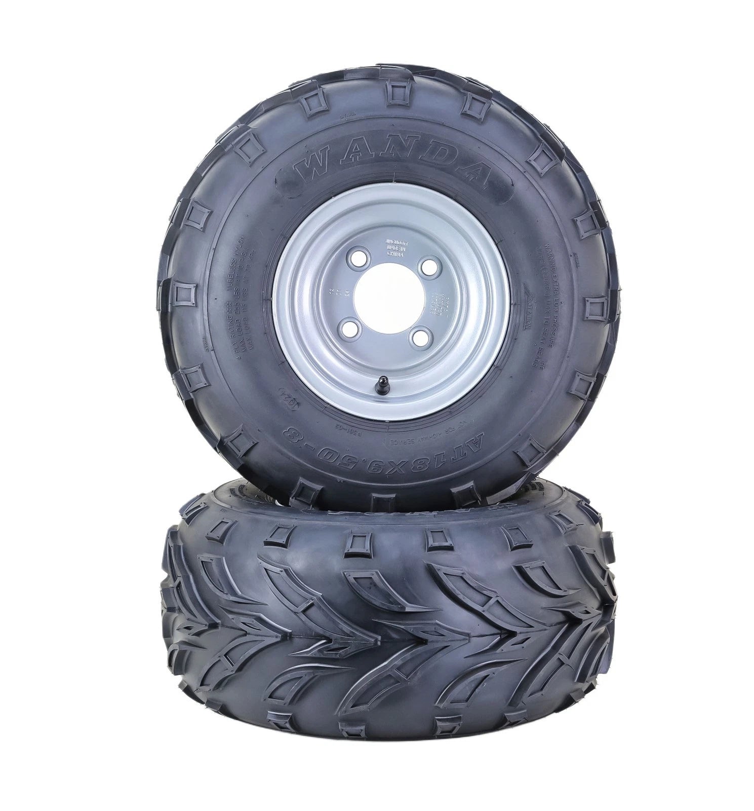 Set of 2 WANDA ATV Golf Cart Tires & Wheels 18X9.5-8 4PR 4x4" Silver Wheel-10190