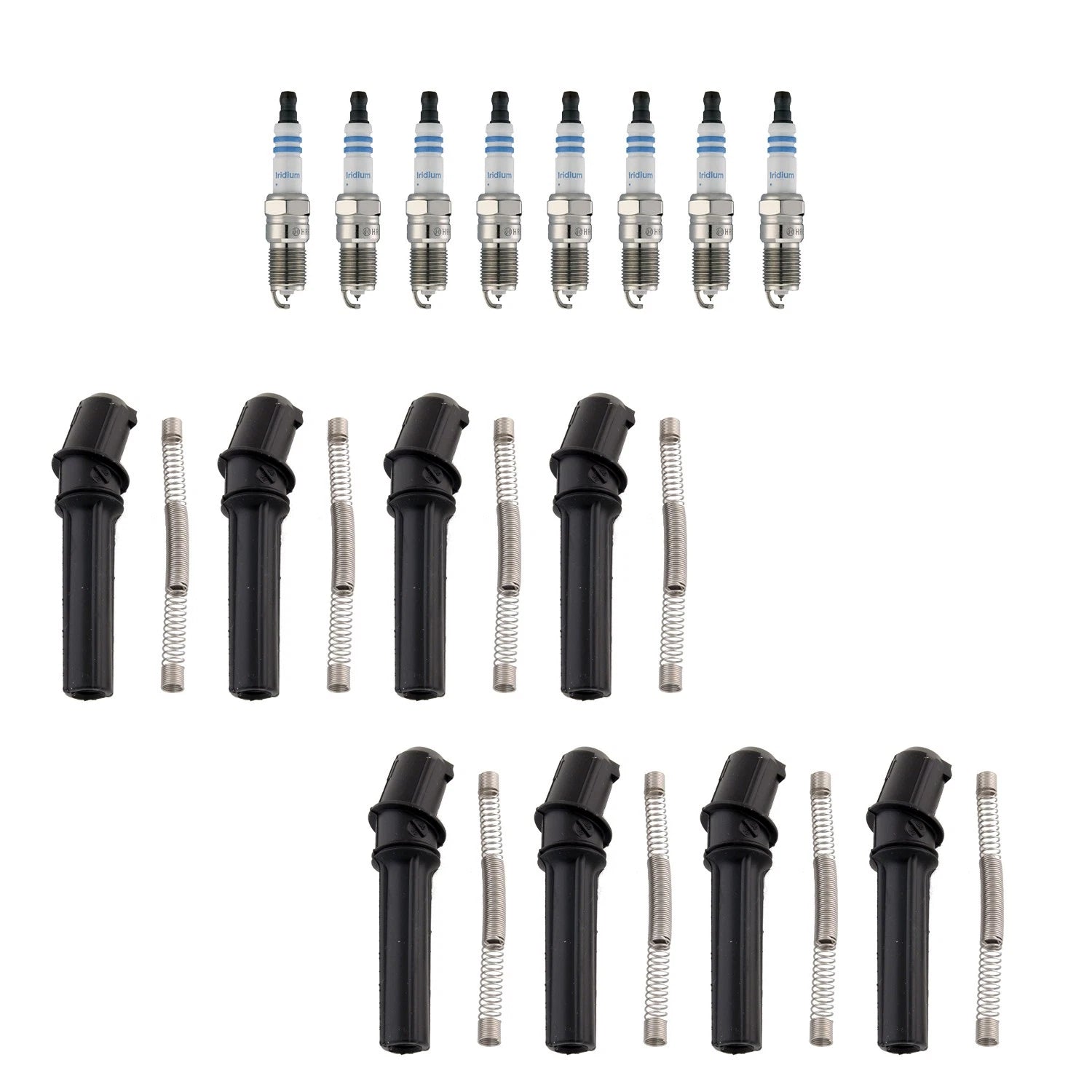 Set of 8 Bosch Double Iridium Spark Plugs & NGK Coil Boots for E-150 XL (2004–2014)