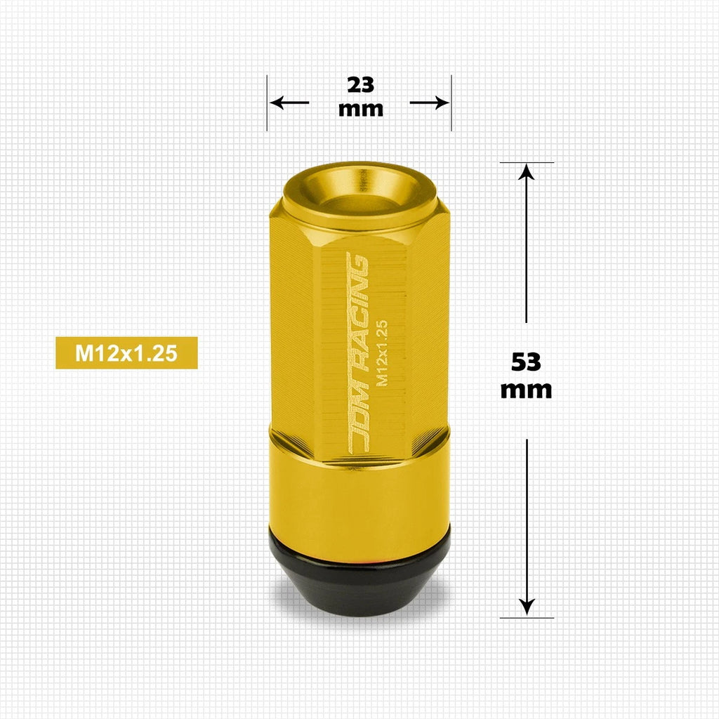 Set of 20 M12X1.25 Gold JDM Cone Seat Hex Wheel Lug Nuts with Cap & Extension