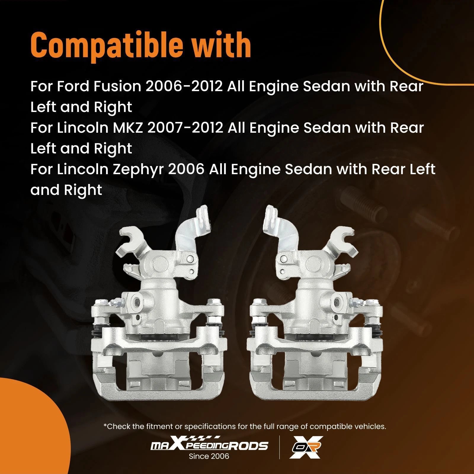 2Pcs Rear Brake Caliper w/ Bracket for Ford Fusion (2006–2012)