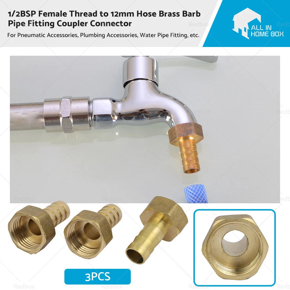 3pcs Brass Barb Pipe Fitting Coupler for 12mm Hose (1/2BSP)