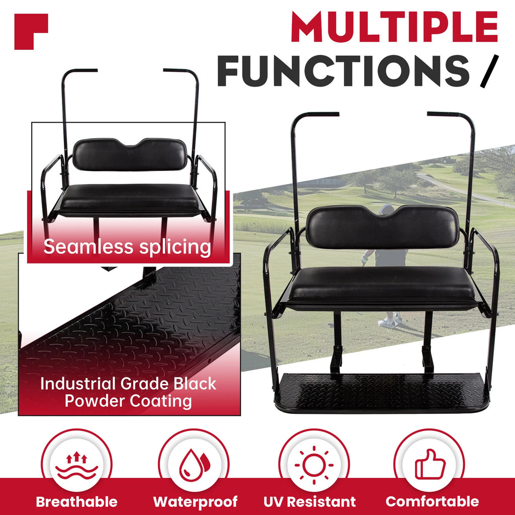 Rear Flip Seat Kit for EZGO TXT Golf Cart (w/Roof Support, Black Cushion)