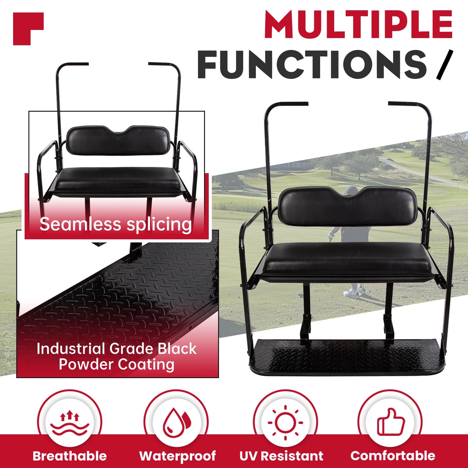 Rear Flip Seat Kit for EZGO TXT Golf Cart (w/Roof Support, Black Cushion)