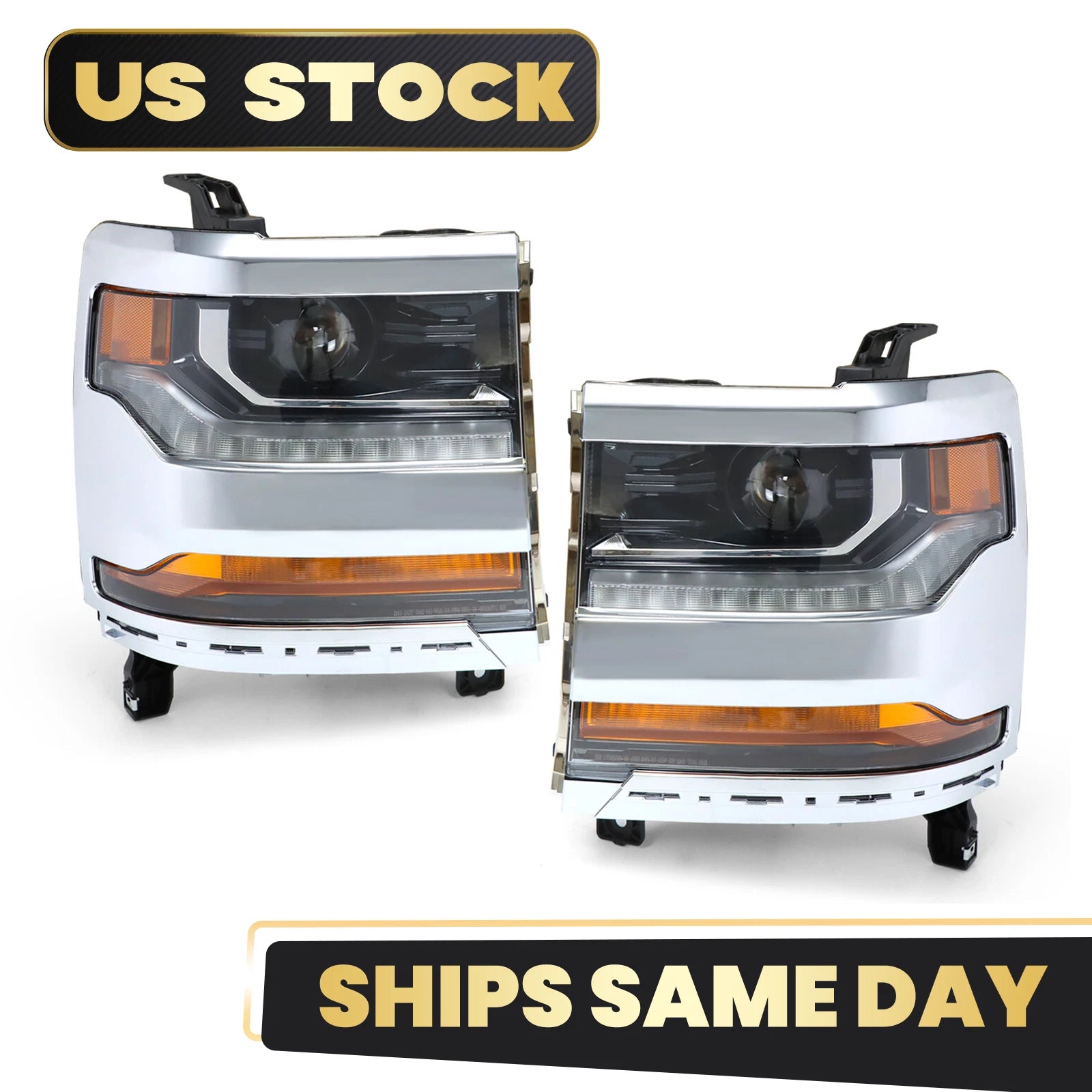 HID Headlight Set for Chevy Silverado 1500 (2016–2018) W/DRL Chrome Bezel