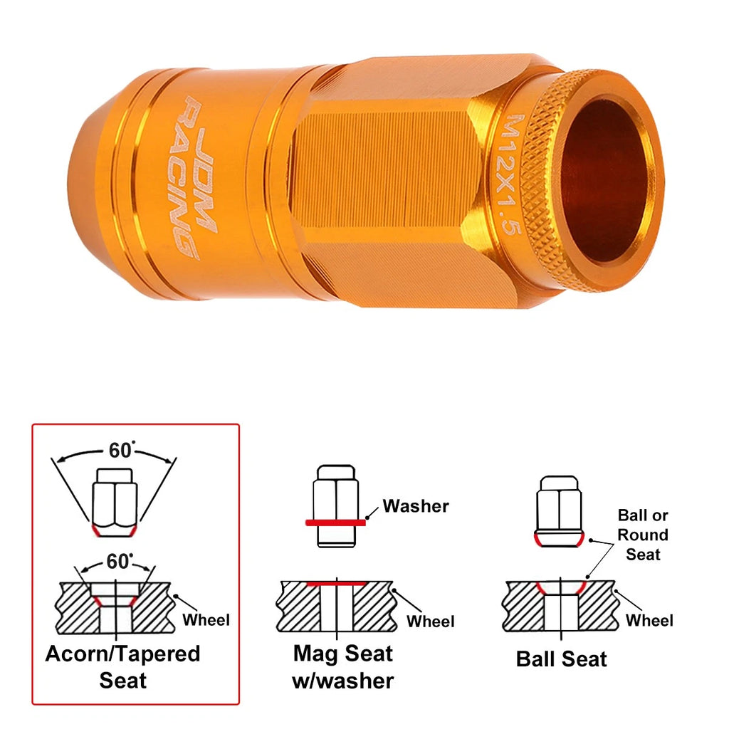 Set of 20 M12X1.5 Orange JDM Open End Cone Wheel Lug Nuts + Spline Lock Key