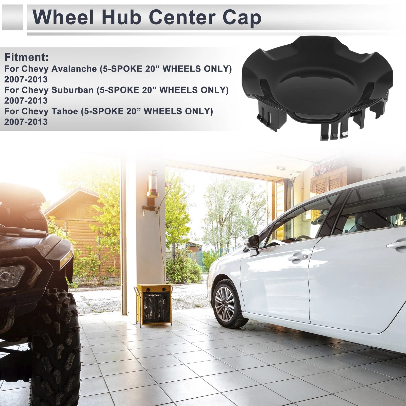 Black Wheel Hub Center Cap for Chevy Avalanche (2007–2013) 5-Spoke 20"
