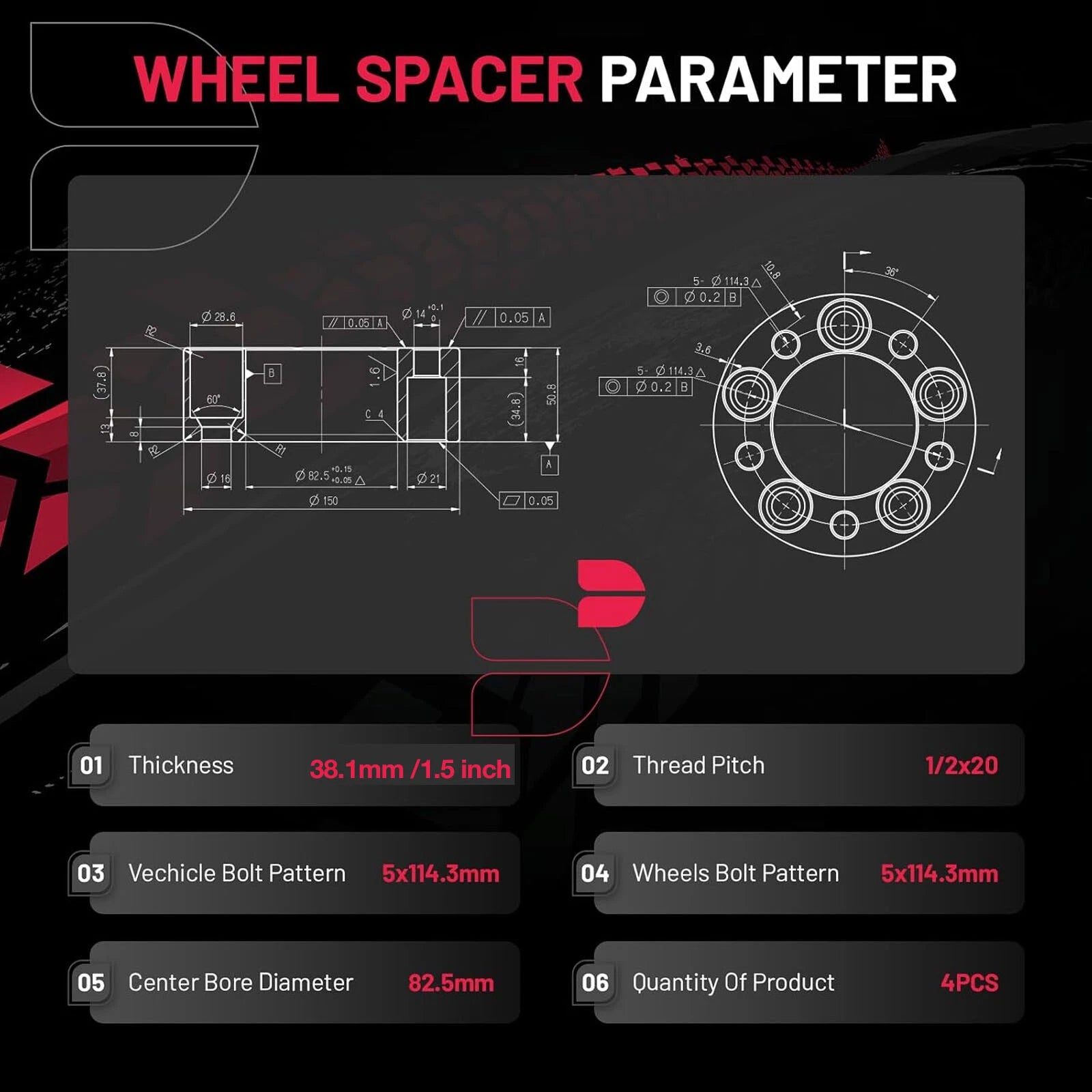 1.5 Inch 5x4.5 (5x114.3) Wheel Spacers for Jeep Wrangler Cherokee Ford Mustang (2008–2024)