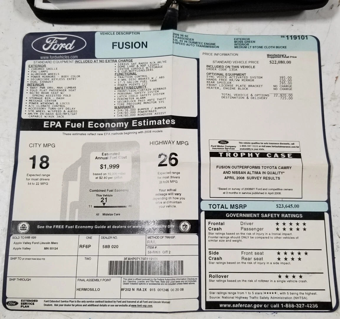 Original Dealer Window Sticker for Ford Fusion V6 SE (2009)