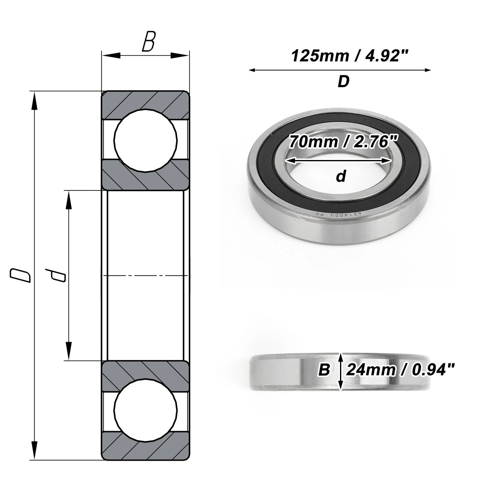 Deep Groove Ball Bearing 6214DDU for Scooter Skateboard (P0 70x125x24mm)