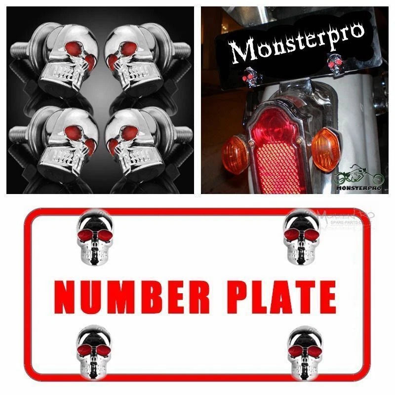 Set of 4 Skull Head License Plate Screws with Red Eyes Chrome
