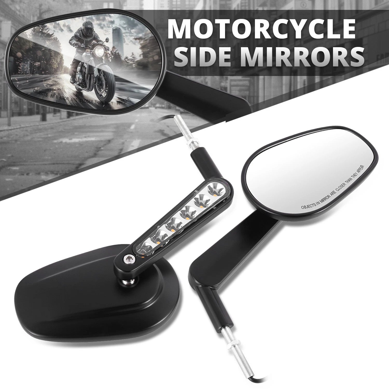 Oval LED Signal Side View Mirrors for Universal Naked Bike Cruiser