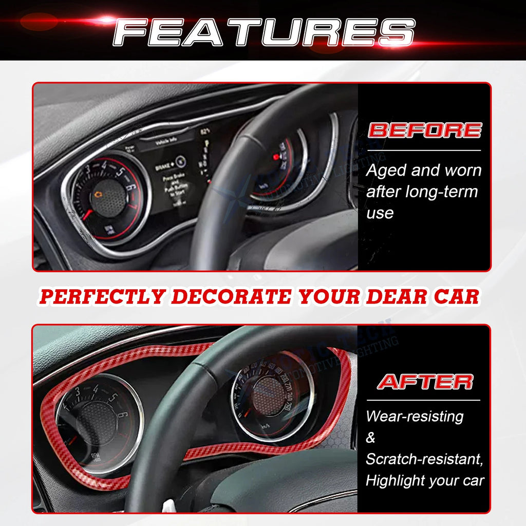 Red Carbon Fiber Style Dashboard Instrument Cover for Dodge Challenger (2015-2023)