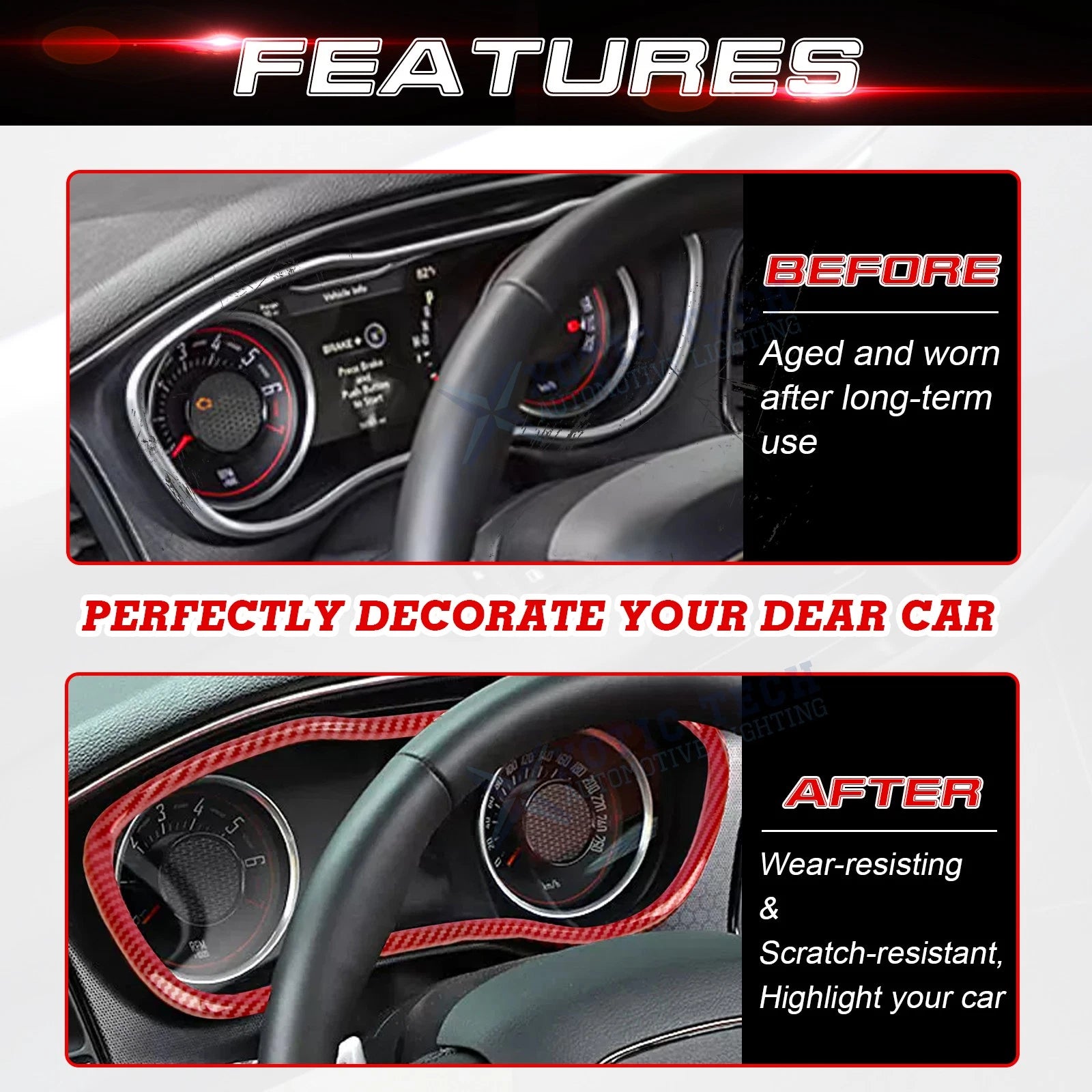 Red Carbon Fiber Style Dashboard Instrument Cover for Dodge Challenger (2015-2023)