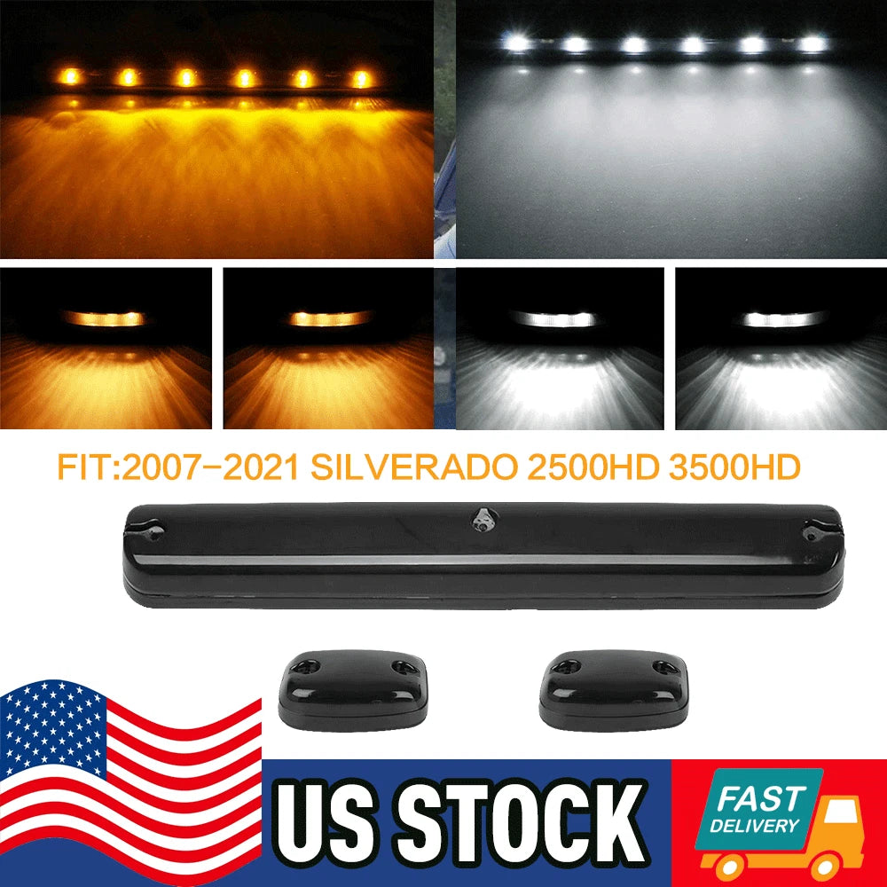 Set of 3 White/Amber LED Cab Roof Marker Lights for Chevy GMC 2500HD 3500HD (2007–Present)