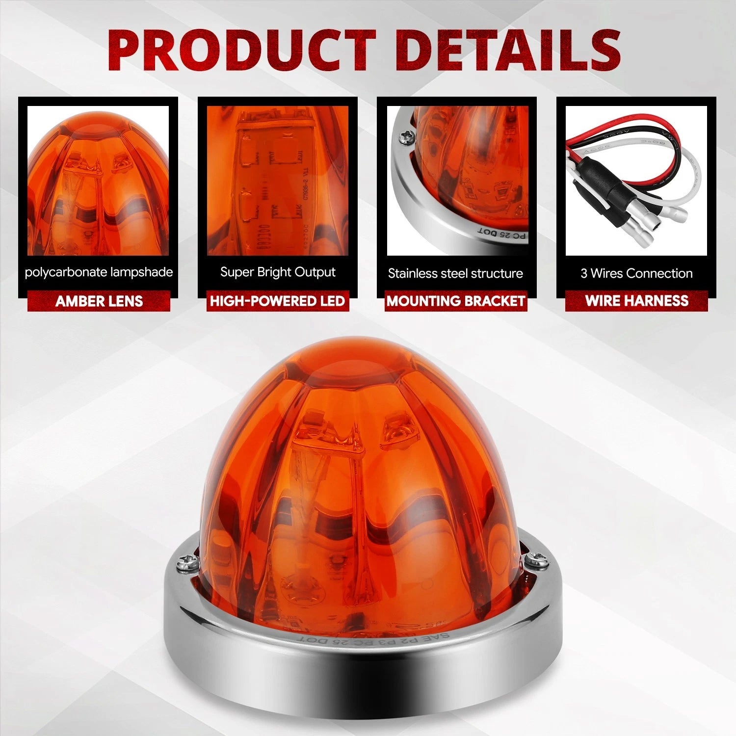 Set of 4 Chrome Amber & Clear LED Side Marker Lights for Watermelon Starburst