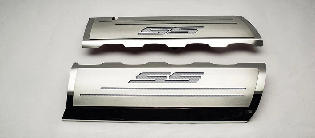 Top Plates w/White C-Fiber Vinyl "SS" Inlay for 16-20 Camaro SS w/ACC Fuel Rails