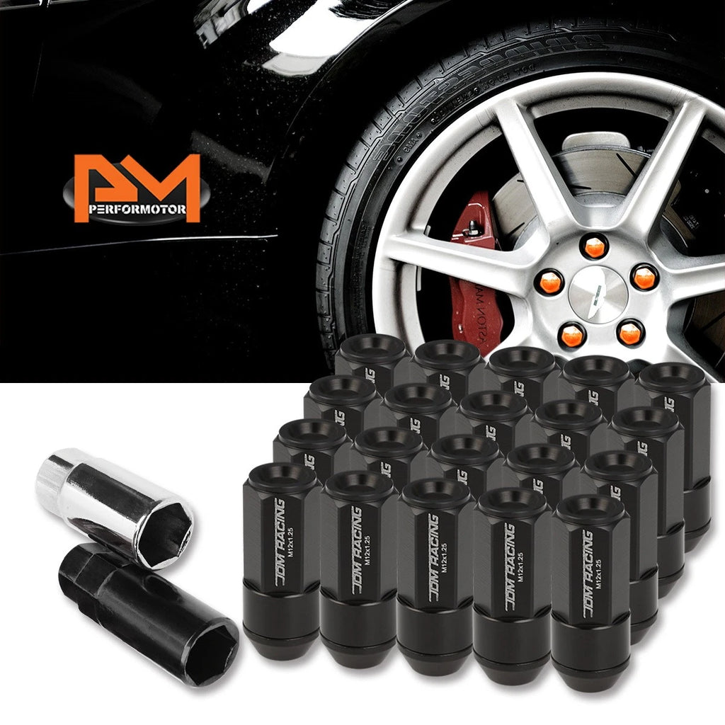 Set of 20 M12X1.25 Black Cone Seat Hex Wheel Lug Nuts with Cap & Extension