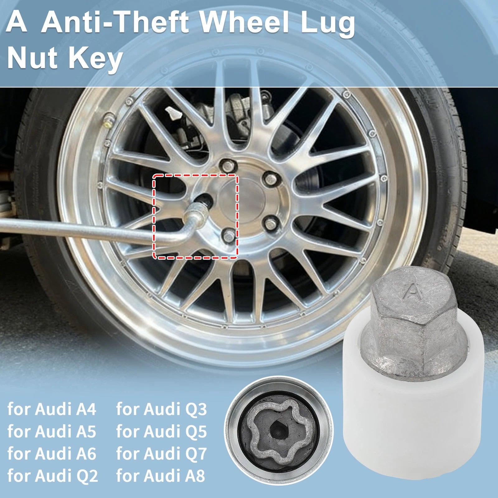 Type A Wheel Lock Lug Nut for Audi A4 (2002–2008) with Key Socket Tool